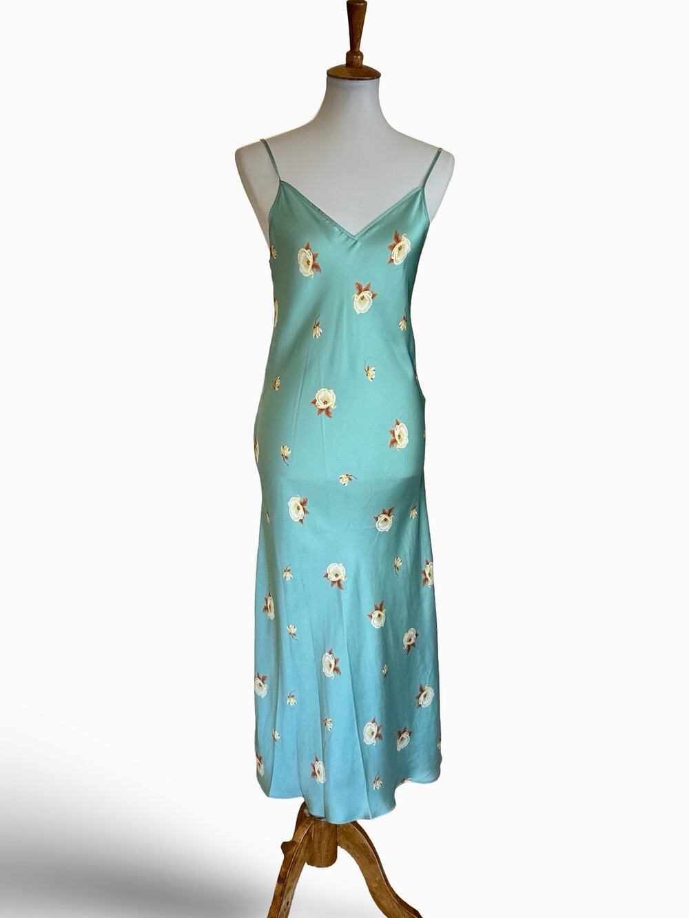 Sage Green Satin Floral Slip Dress Cream Rose Print Midi Silhouette Size M